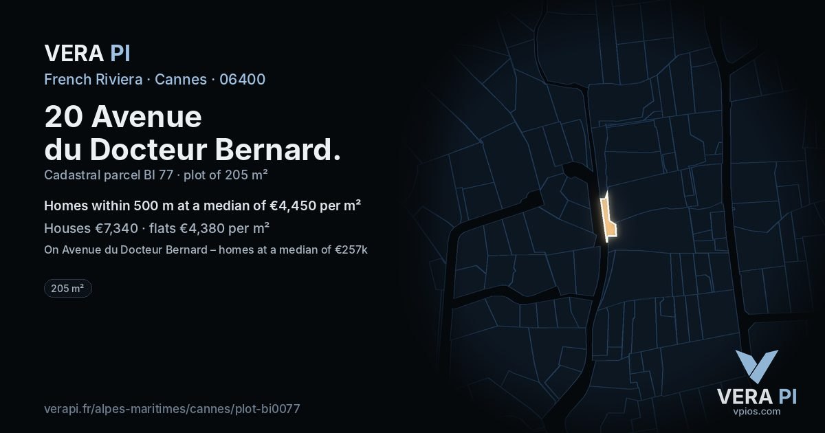 20 Avenue du Docteur Bernard, Cannes at night – the plot lit, the parcels around coloured by the prices near them