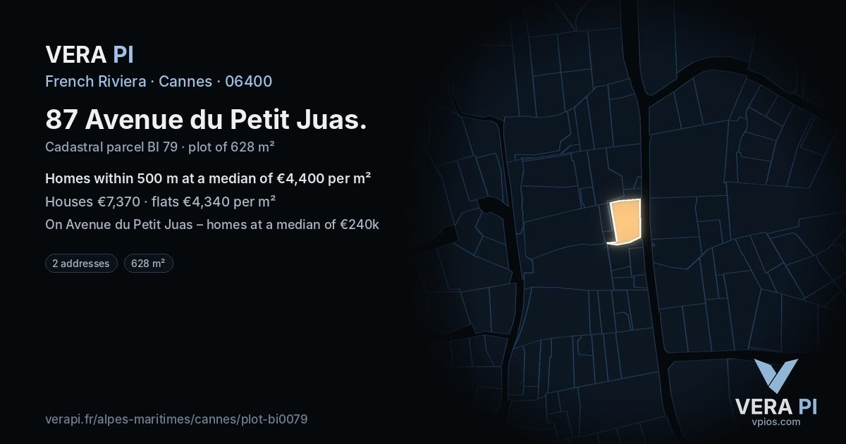 87 Avenue du Petit Juas, Cannes at night – the plot lit, the parcels around coloured by the prices near them