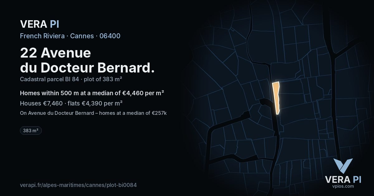 22 Avenue du Docteur Bernard, Cannes at night – the plot lit, the parcels around coloured by the prices near them