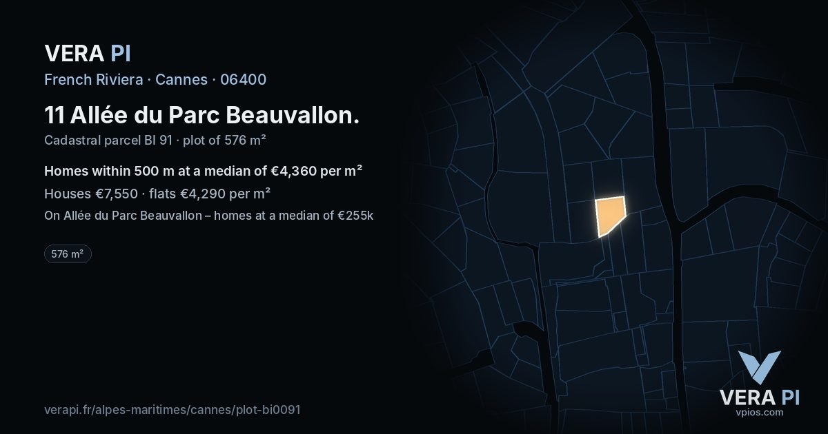11 Allée du Parc Beauvallon, Cannes at night – the plot lit, the parcels around coloured by the prices near them