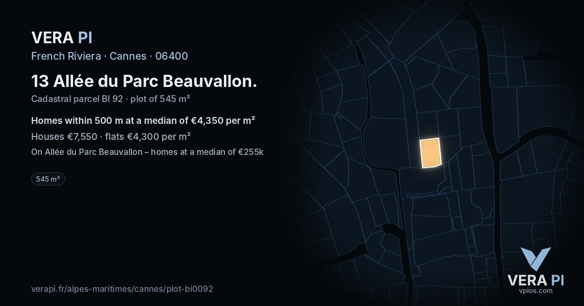 13 Allée du Parc Beauvallon, Cannes at night – the plot lit, the parcels around coloured by the prices near them