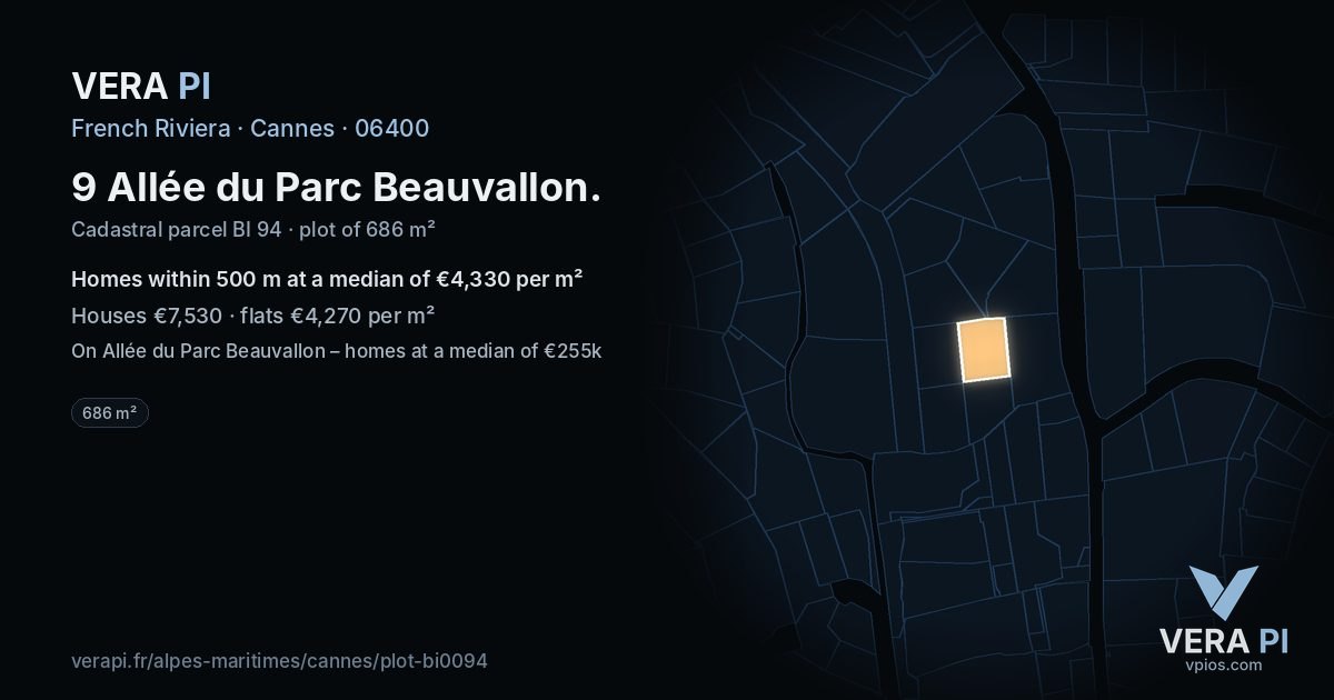 9 Allée du Parc Beauvallon, Cannes at night – the plot lit, the parcels around coloured by the prices near them
