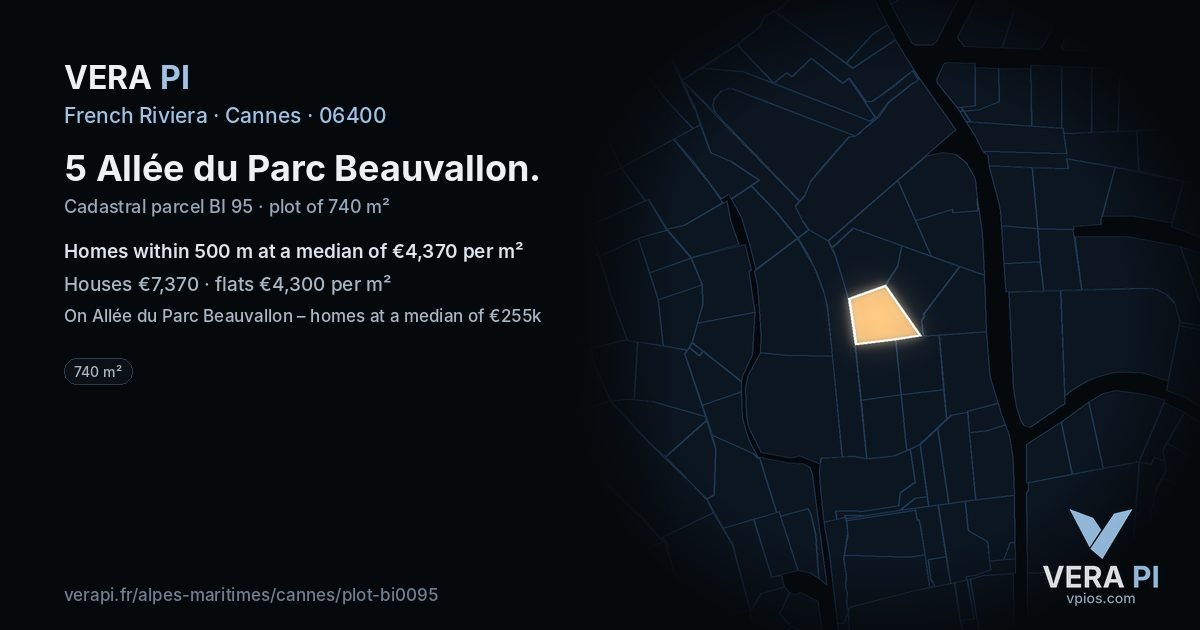 5 Allée du Parc Beauvallon, Cannes at night – the plot lit, the parcels around coloured by the prices near them