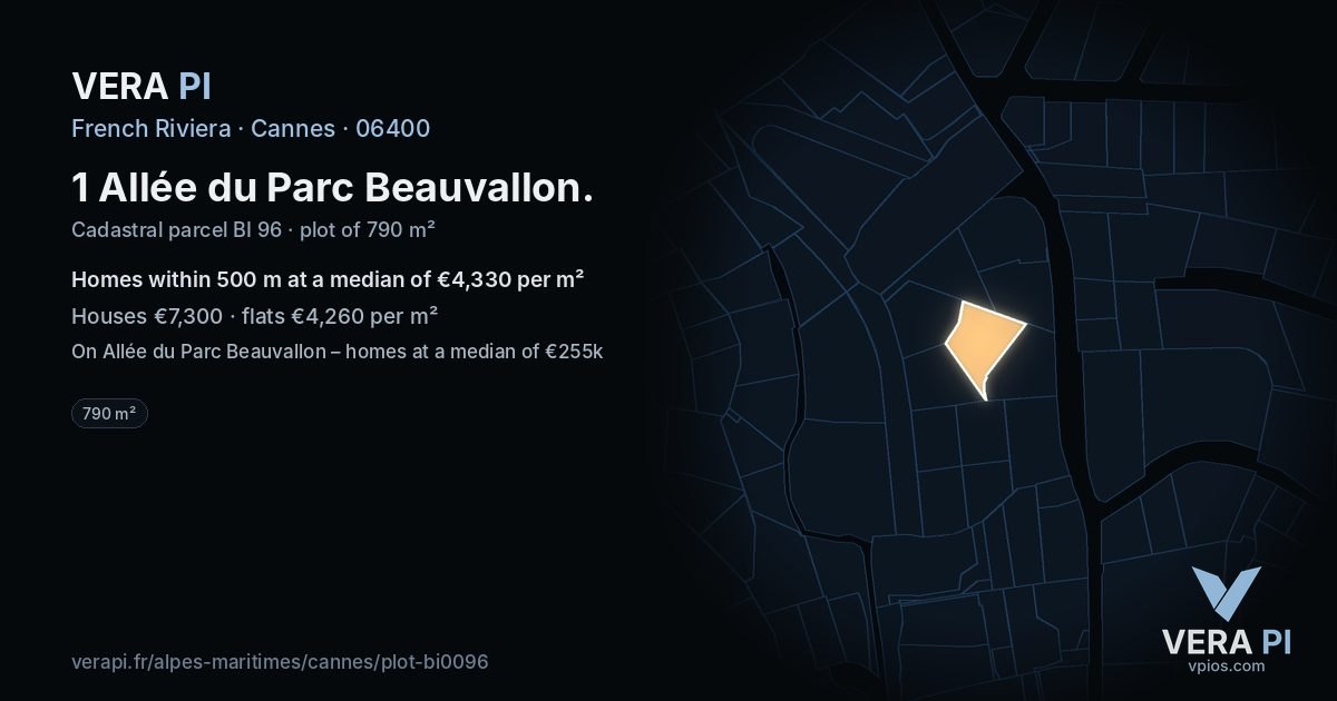 1 Allée du Parc Beauvallon, Cannes at night – the plot lit, the parcels around coloured by the prices near them
