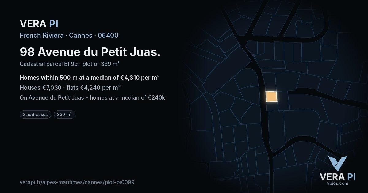 98 Avenue du Petit Juas, Cannes at night – the plot lit, the parcels around coloured by the prices near them