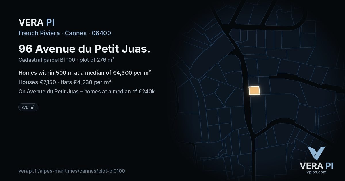 96 Avenue du Petit Juas, Cannes at night – the plot lit, the parcels around coloured by the prices near them