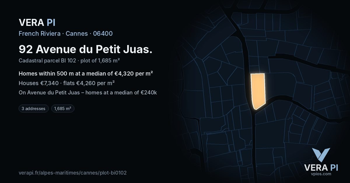 92 Avenue du Petit Juas, Cannes at night – the plot lit, the parcels around coloured by the prices near them