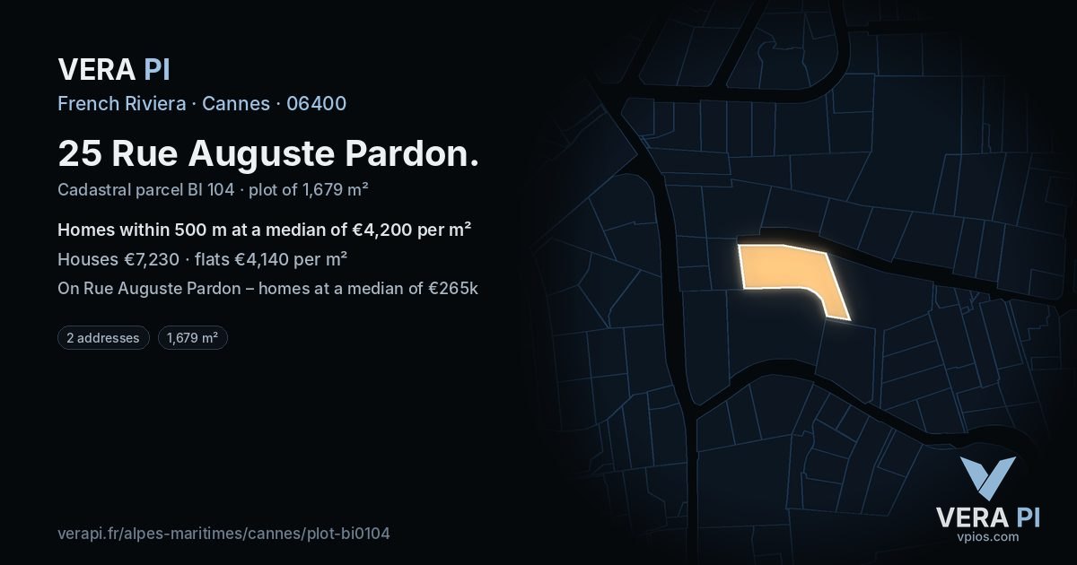 25 Rue Auguste Pardon, Cannes at night – the plot lit, the parcels around coloured by the prices near them