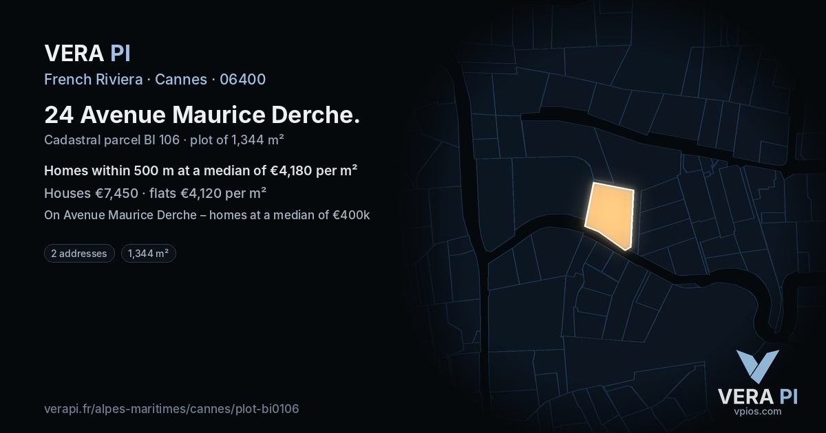 24 Avenue Maurice Derche, Cannes at night – the plot lit, the parcels around coloured by the prices near them