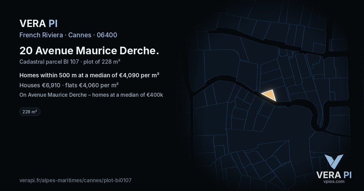 20 Avenue Maurice Derche, Cannes at night – the plot lit, the parcels around coloured by the prices near them