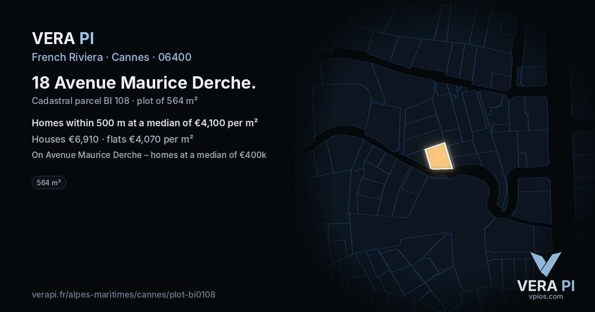 18 Avenue Maurice Derche, Cannes at night – the plot lit, the parcels around coloured by the prices near them