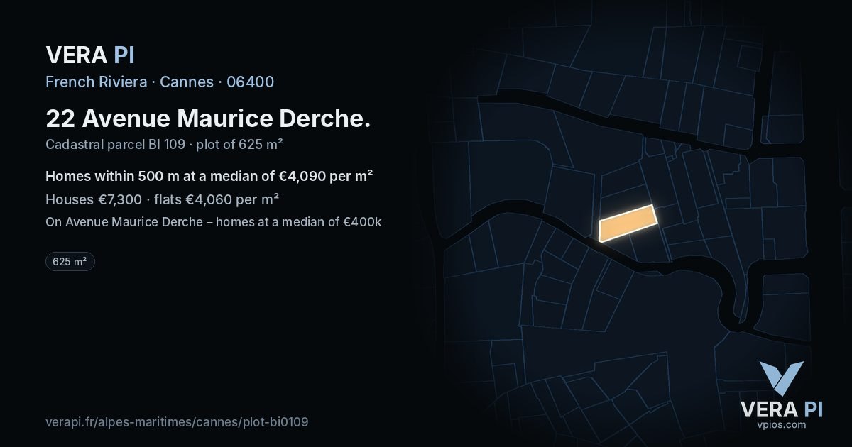 22 Avenue Maurice Derche, Cannes at night – the plot lit, the parcels around coloured by the prices near them