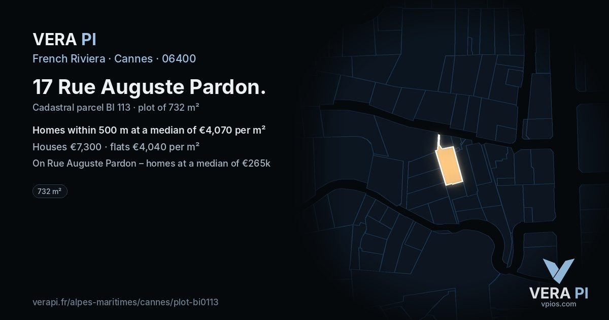 17 Rue Auguste Pardon, Cannes at night – the plot lit, the parcels around coloured by the prices near them