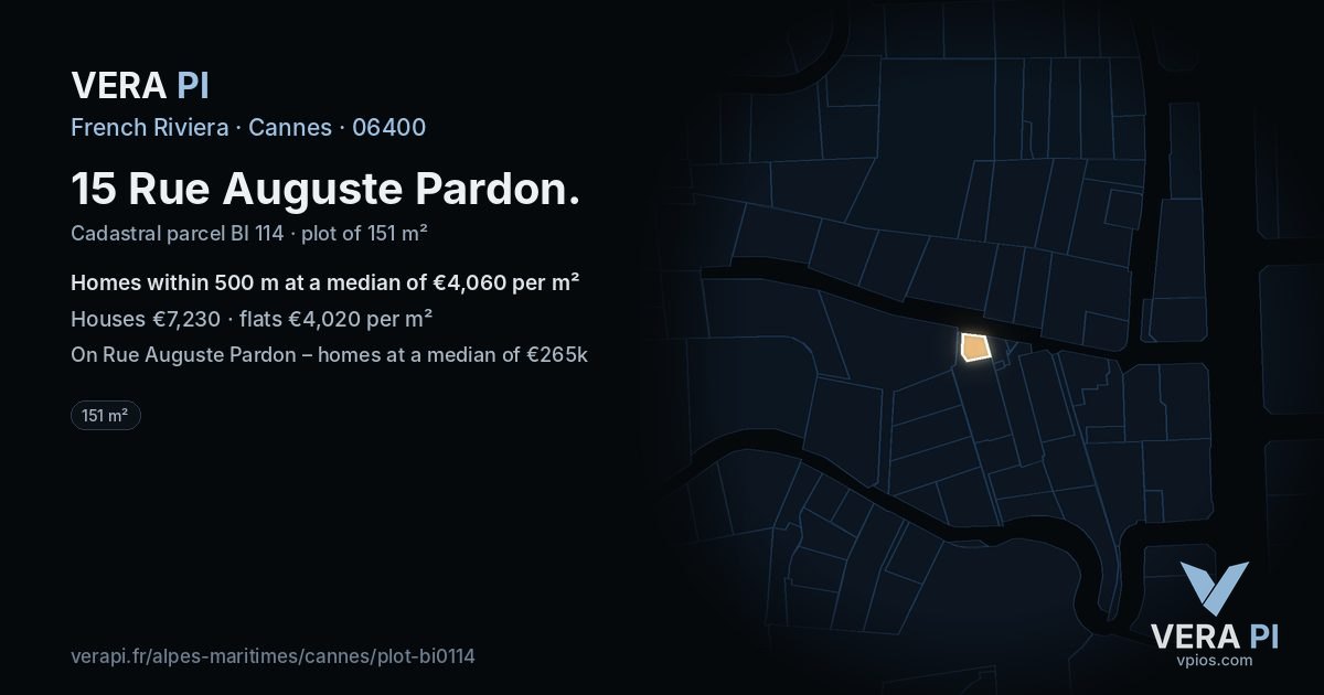 15 Rue Auguste Pardon, Cannes at night – the plot lit, the parcels around coloured by the prices near them