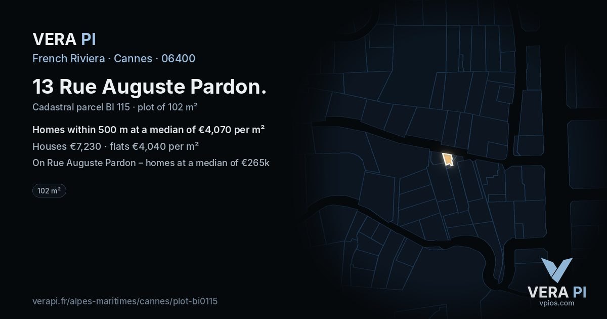13 Rue Auguste Pardon, Cannes at night – the plot lit, the parcels around coloured by the prices near them