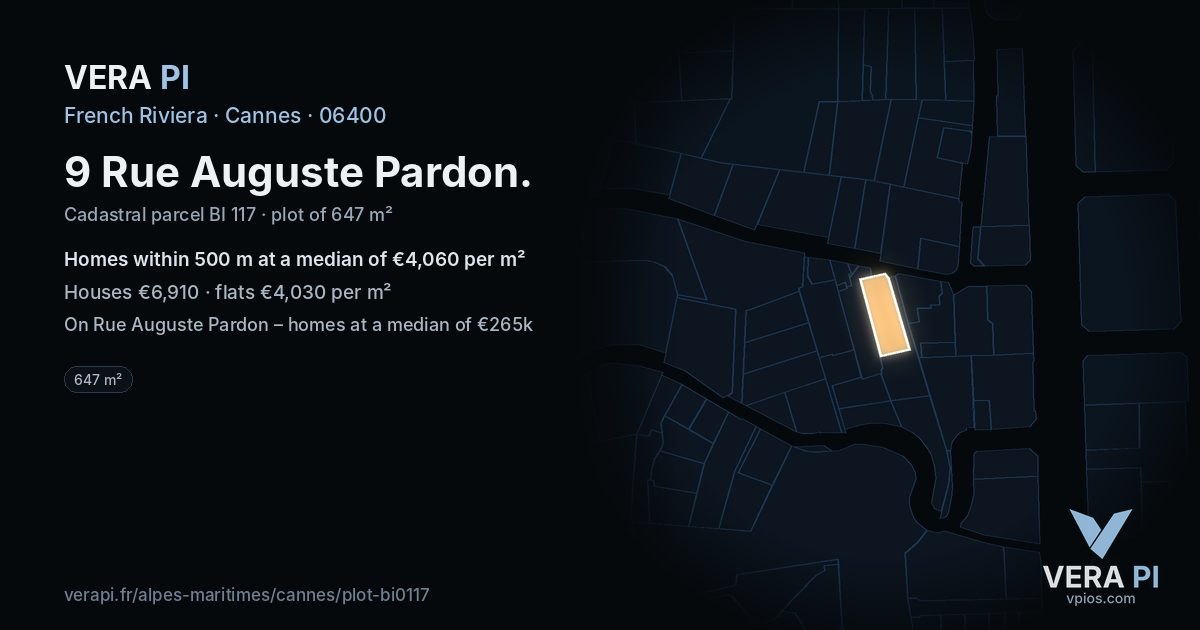 9 Rue Auguste Pardon, Cannes at night – the plot lit, the parcels around coloured by the prices near them