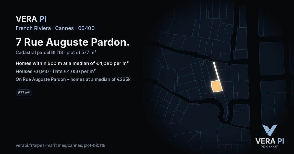 7 Rue Auguste Pardon, Cannes at night – the plot lit, the parcels around coloured by the prices near them