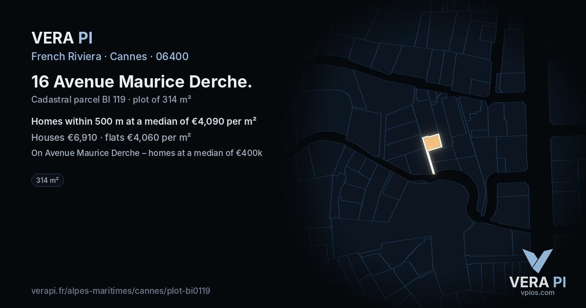 16 Avenue Maurice Derche, Cannes at night – the plot lit, the parcels around coloured by the prices near them