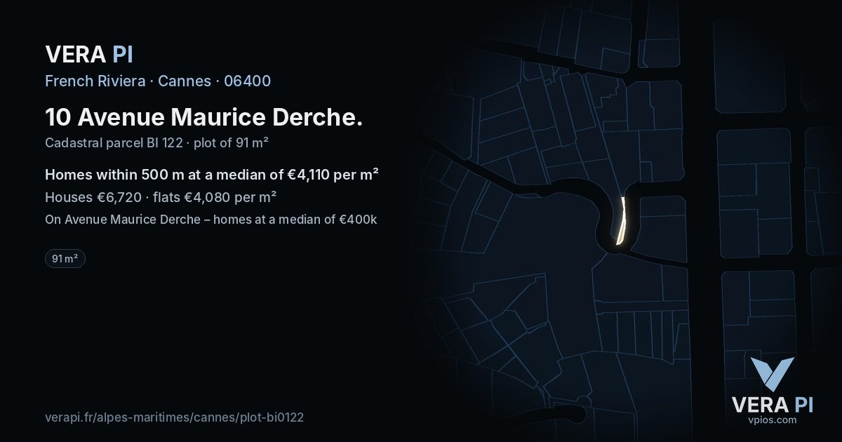 10 Avenue Maurice Derche, Cannes at night – the plot lit, the parcels around coloured by the prices near them