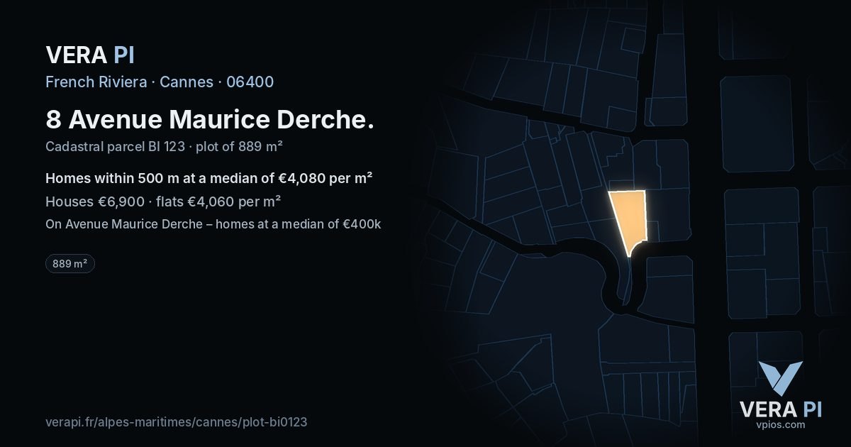 8 Avenue Maurice Derche, Cannes at night – the plot lit, the parcels around coloured by the prices near them
