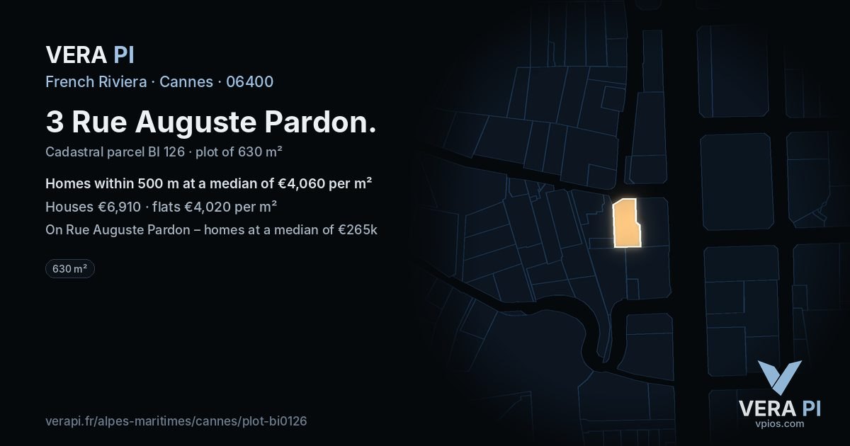 3 Rue Auguste Pardon, Cannes at night – the plot lit, the parcels around coloured by the prices near them
