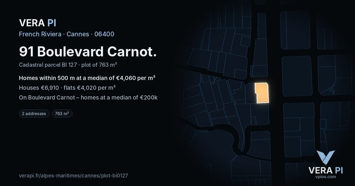 91 Boulevard Carnot, Cannes at night – the plot lit, the parcels around coloured by the prices near them