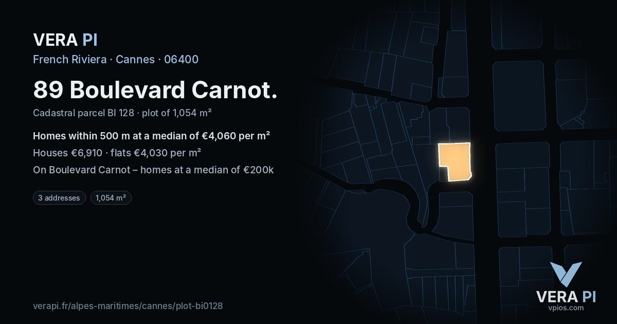 89 Boulevard Carnot, Cannes at night – the plot lit, the parcels around coloured by the prices near them
