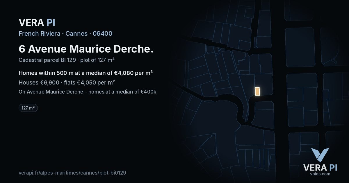 6 Avenue Maurice Derche, Cannes at night – the plot lit, the parcels around coloured by the prices near them