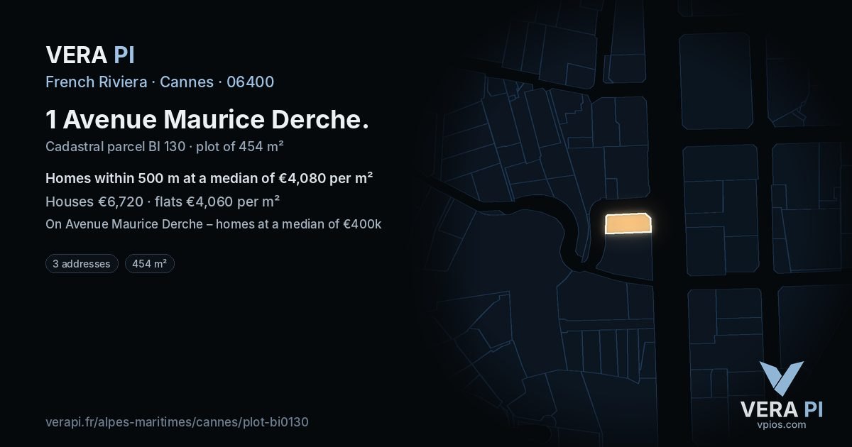 1 Avenue Maurice Derche, Cannes at night – the plot lit, the parcels around coloured by the prices near them