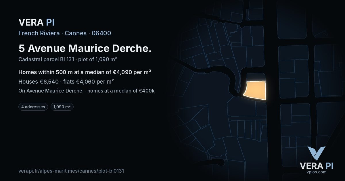 5 Avenue Maurice Derche, Cannes at night – the plot lit, the parcels around coloured by the prices near them