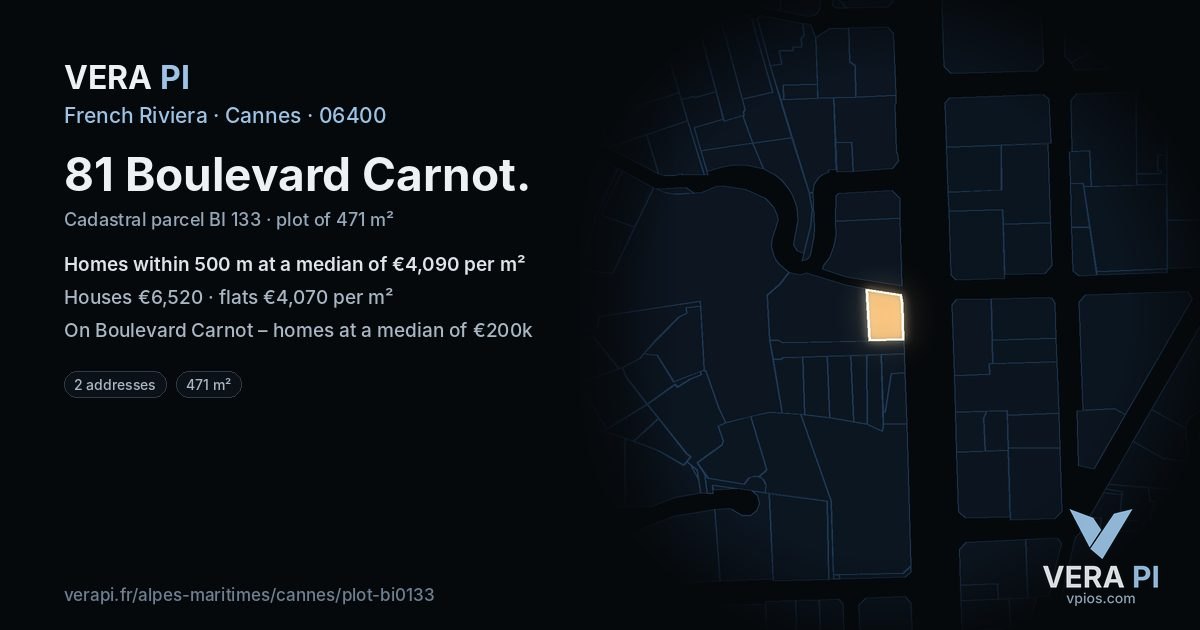 81 Boulevard Carnot, Cannes at night – the plot lit, the parcels around coloured by the prices near them