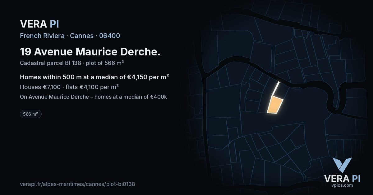 19 Avenue Maurice Derche, Cannes at night – the plot lit, the parcels around coloured by the prices near them