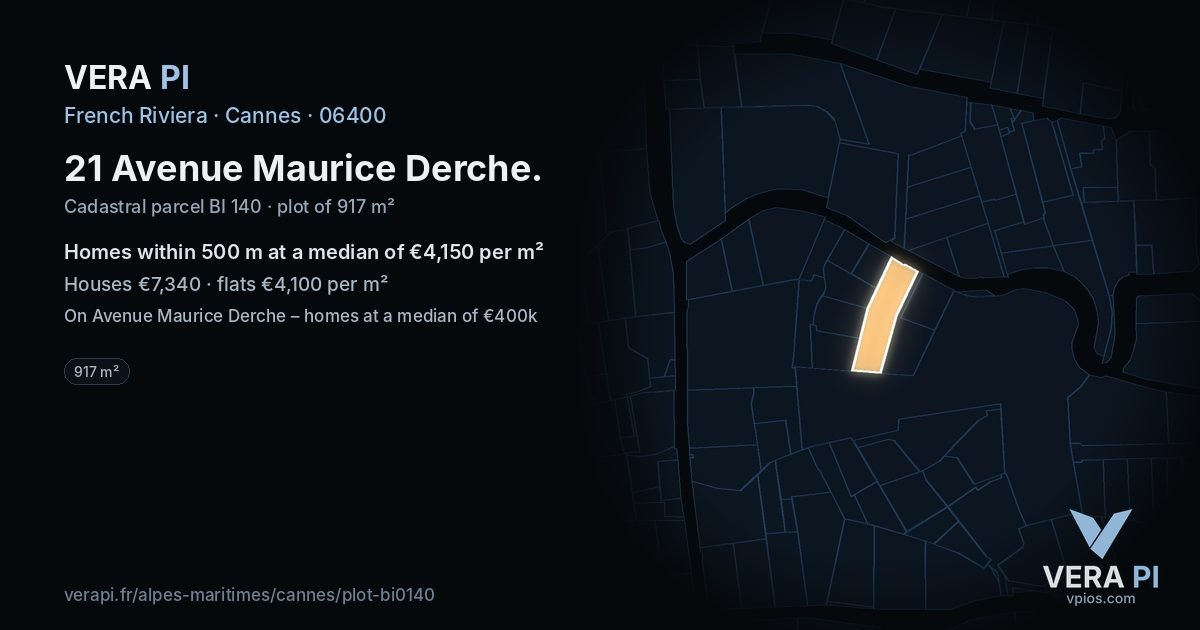 21 Avenue Maurice Derche, Cannes at night – the plot lit, the parcels around coloured by the prices near them