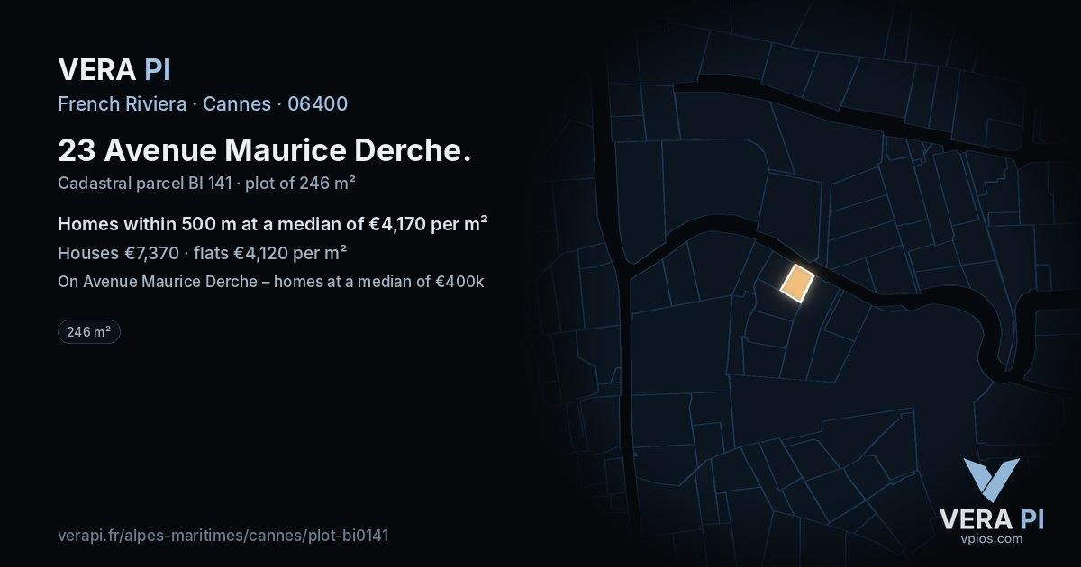 23 Avenue Maurice Derche, Cannes at night – the plot lit, the parcels around coloured by the prices near them