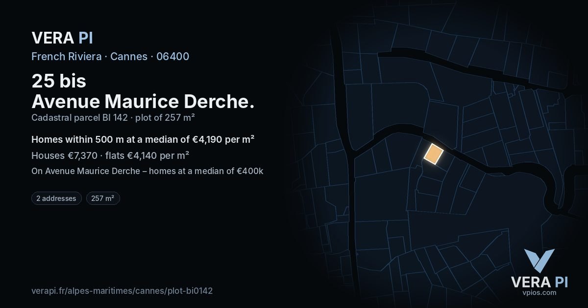 25 bis Avenue Maurice Derche, Cannes at night – the plot lit, the parcels around coloured by the prices near them