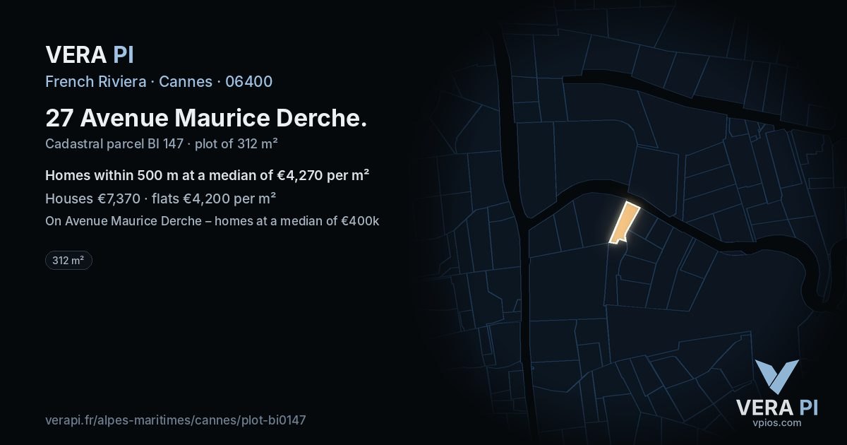 27 Avenue Maurice Derche, Cannes at night – the plot lit, the parcels around coloured by the prices near them