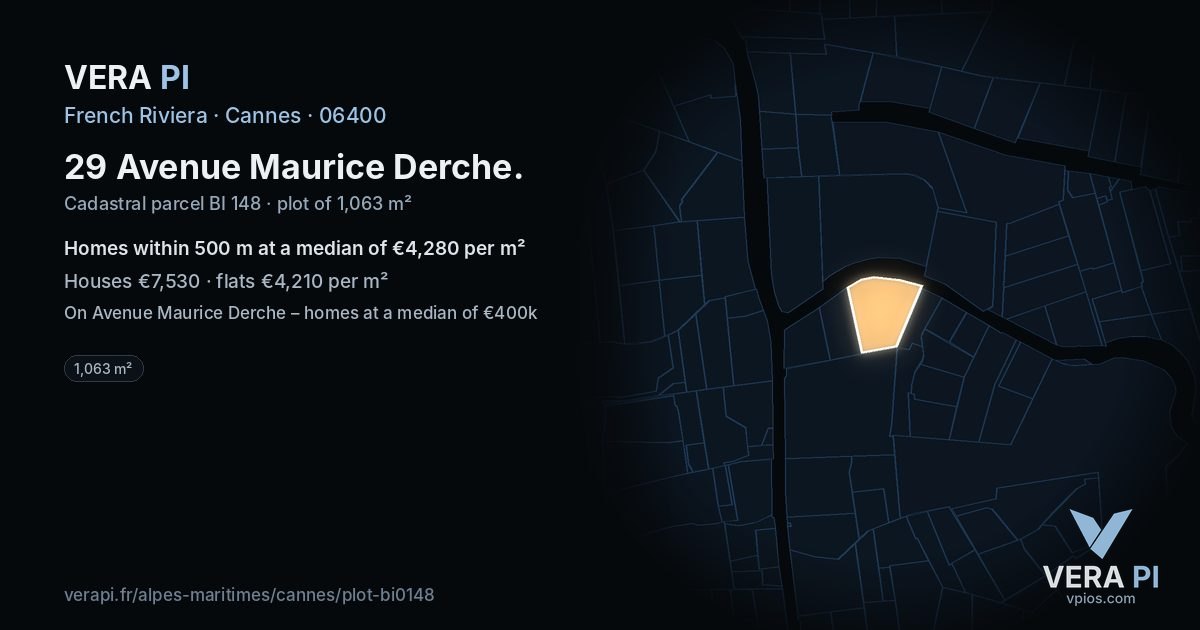29 Avenue Maurice Derche, Cannes at night – the plot lit, the parcels around coloured by the prices near them