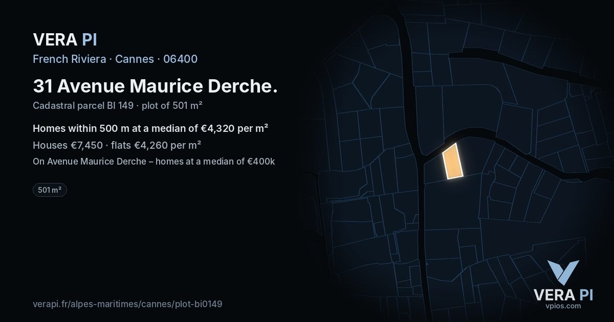 31 Avenue Maurice Derche, Cannes at night – the plot lit, the parcels around coloured by the prices near them