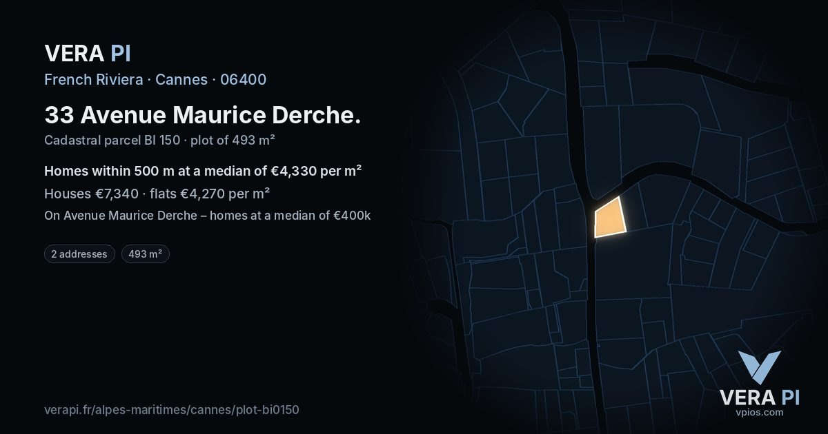 33 Avenue Maurice Derche, Cannes at night – the plot lit, the parcels around coloured by the prices near them