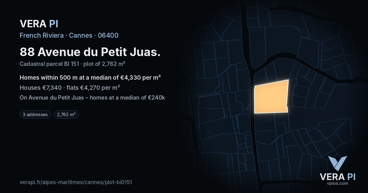 88 Avenue du Petit Juas, Cannes at night – the plot lit, the parcels around coloured by the prices near them