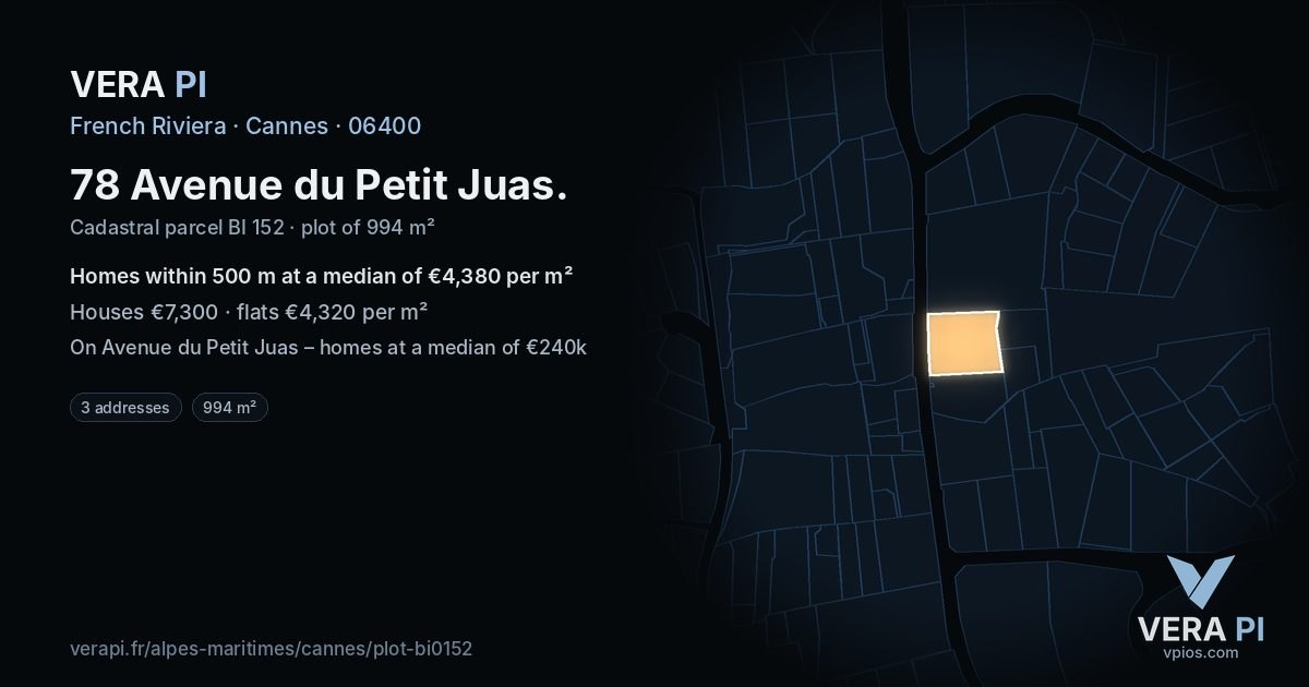 78 Avenue du Petit Juas, Cannes at night – the plot lit, the parcels around coloured by the prices near them