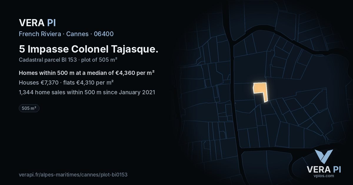 5 Impasse Colonel Tajasque, Cannes at night – the plot lit, the parcels around coloured by the prices near them