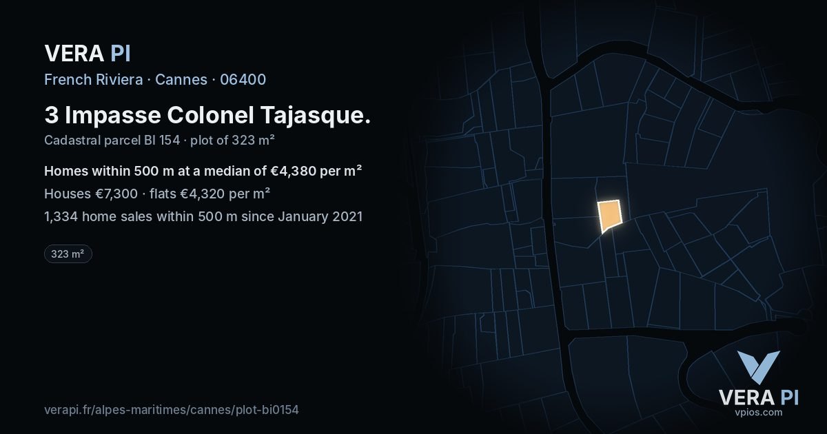 3 Impasse Colonel Tajasque, Cannes at night – the plot lit, the parcels around coloured by the prices near them