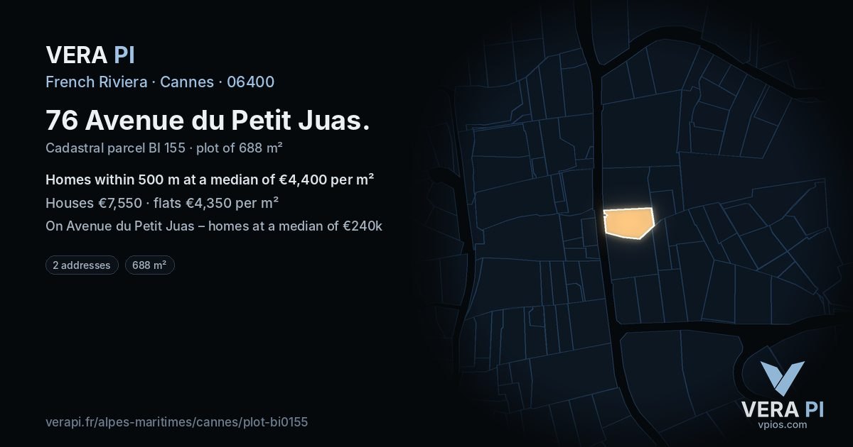 76 Avenue du Petit Juas, Cannes at night – the plot lit, the parcels around coloured by the prices near them
