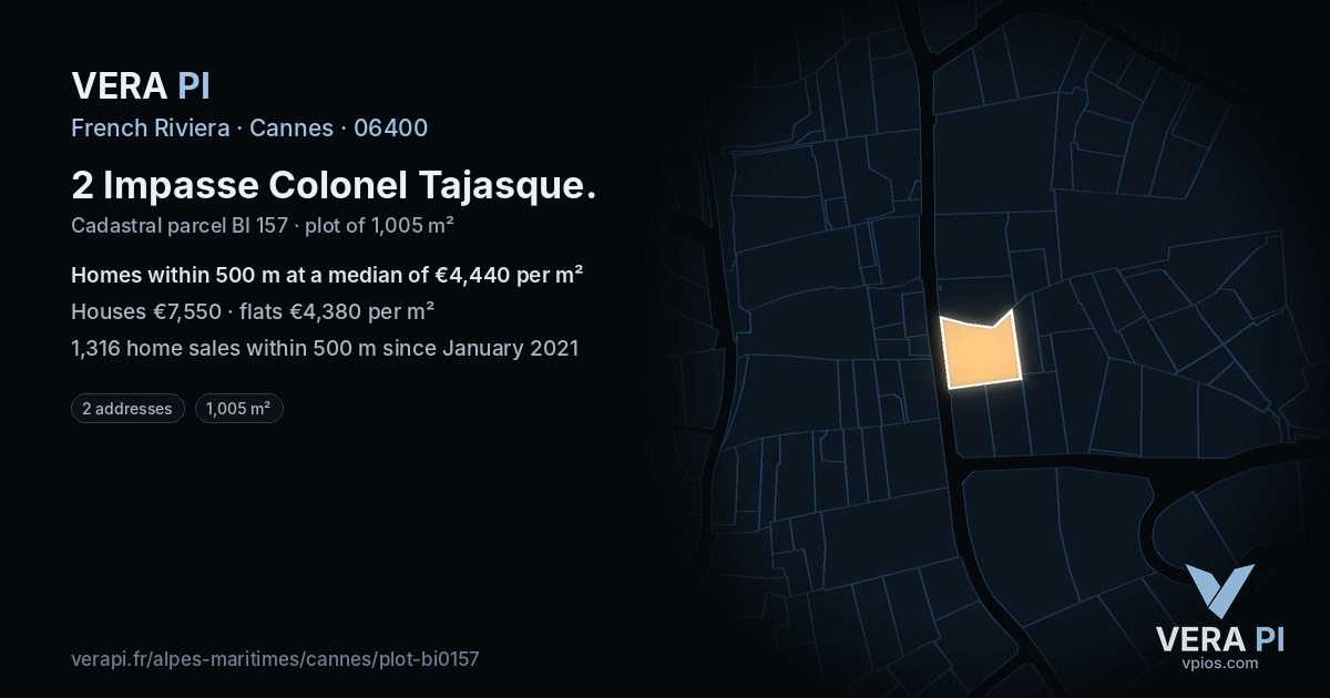 2 Impasse Colonel Tajasque, Cannes at night – the plot lit, the parcels around coloured by the prices near them
