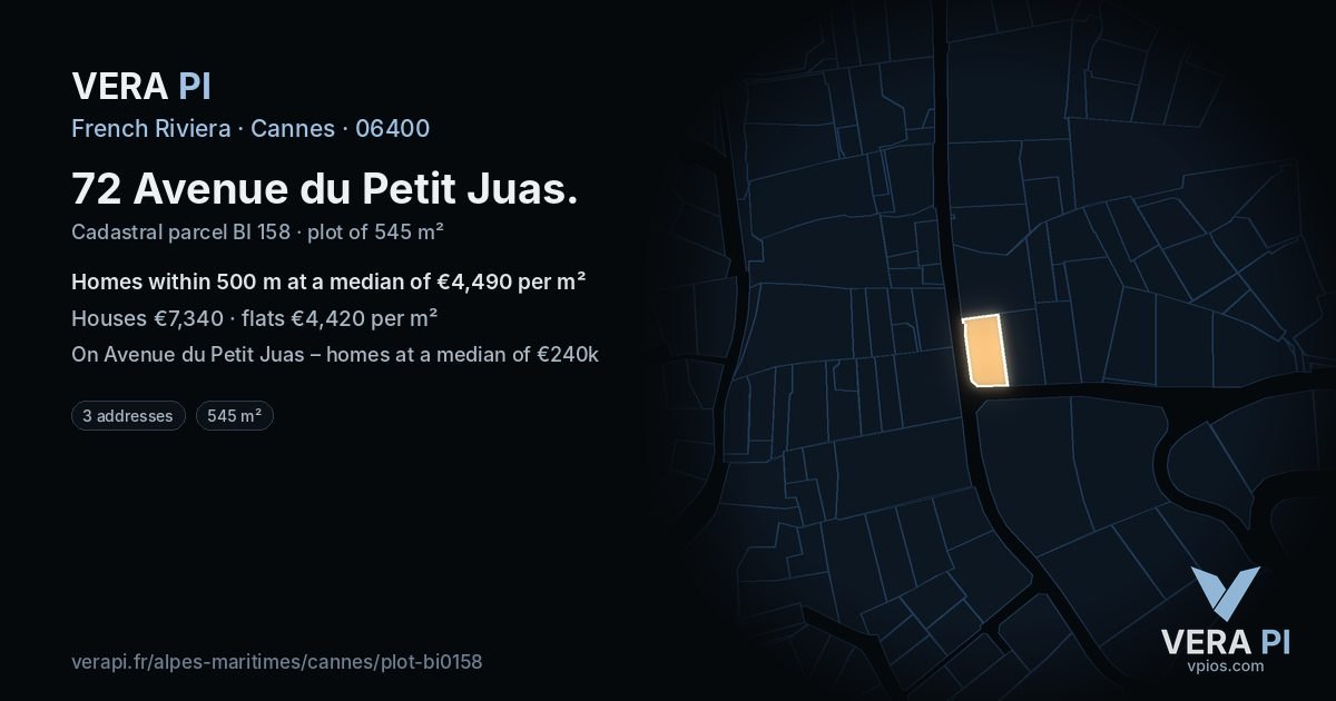 72 Avenue du Petit Juas, Cannes at night – the plot lit, the parcels around coloured by the prices near them