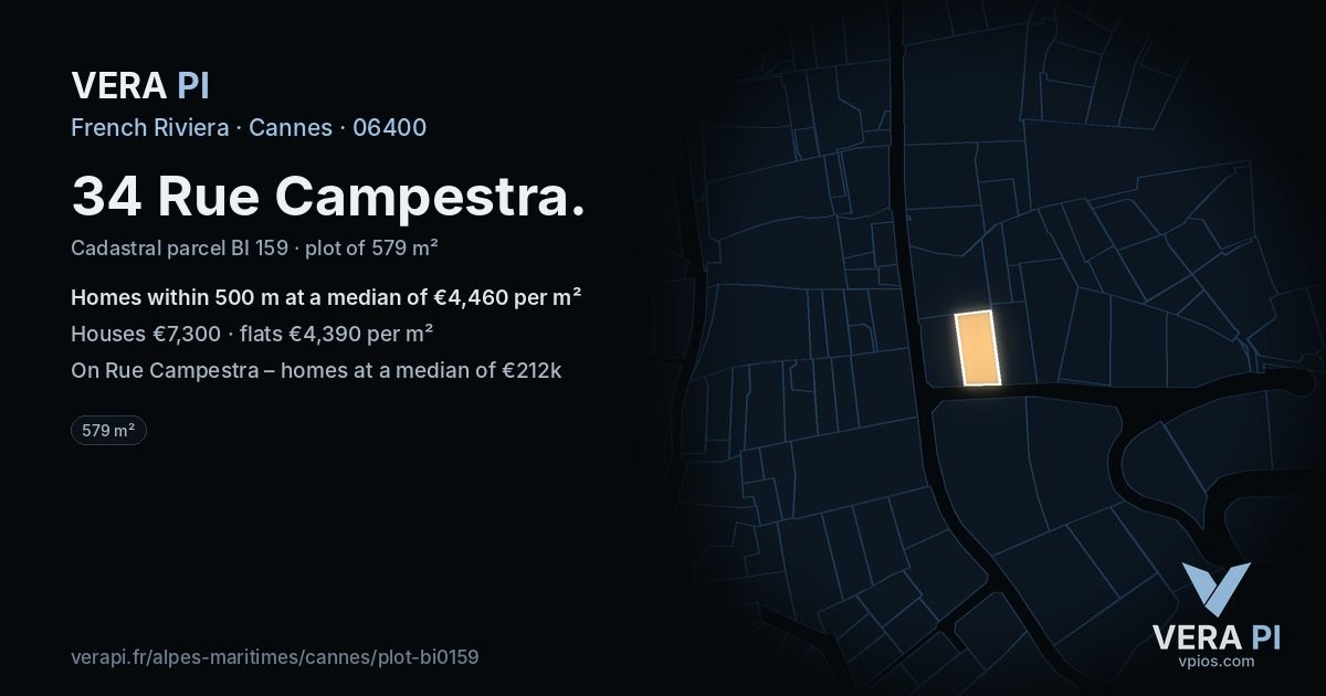 34 Rue Campestra, Cannes at night – the plot lit, the parcels around coloured by the prices near them