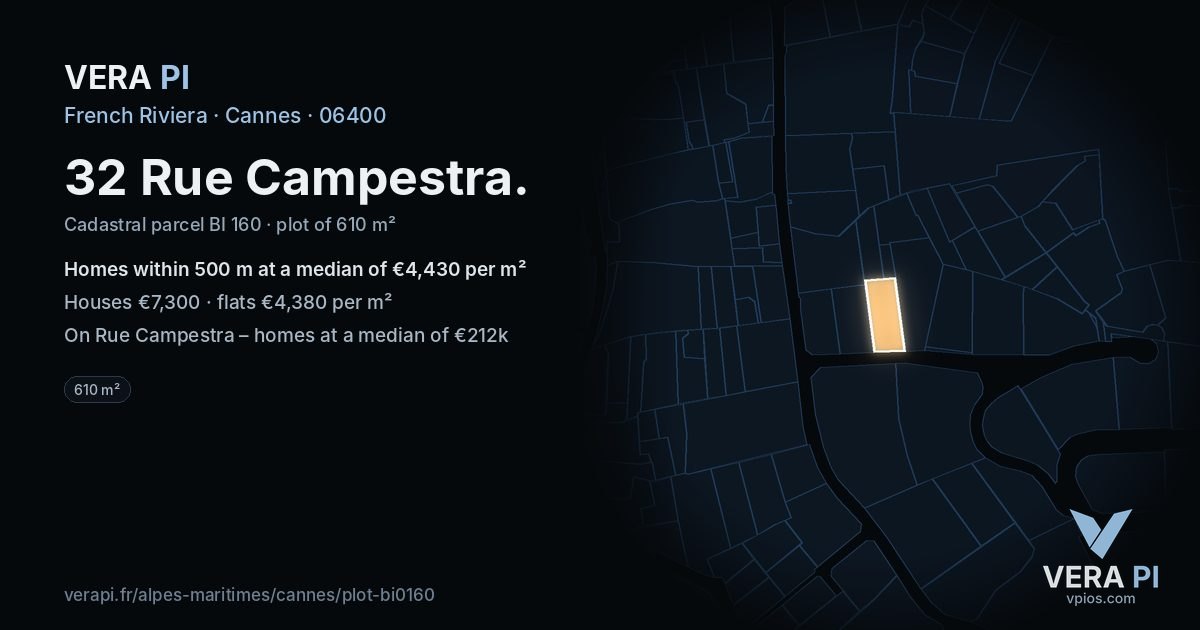 32 Rue Campestra, Cannes at night – the plot lit, the parcels around coloured by the prices near them