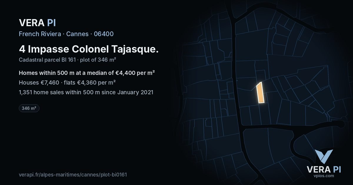 4 Impasse Colonel Tajasque, Cannes at night – the plot lit, the parcels around coloured by the prices near them