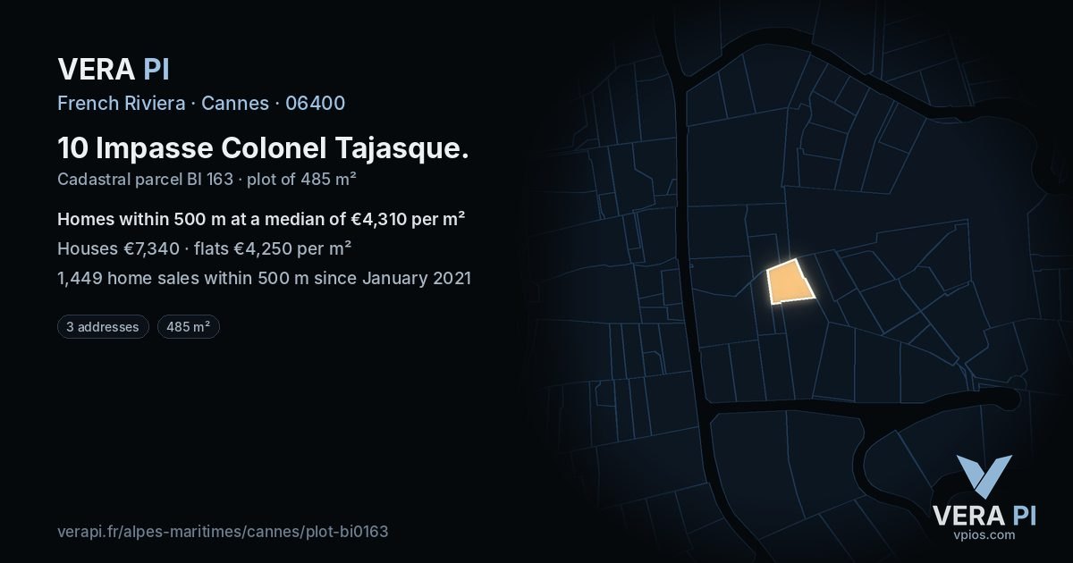 10 Impasse Colonel Tajasque, Cannes at night – the plot lit, the parcels around coloured by the prices near them